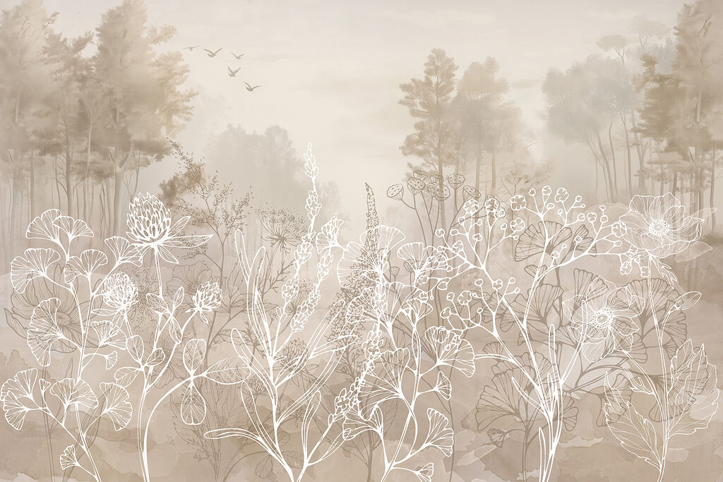 Witte bloemlijnen, bleke bosbomen — volledig ontwerp