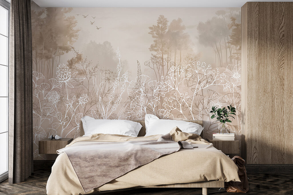 Witte bloemlijnen, bleke bosbomen — interieur 1