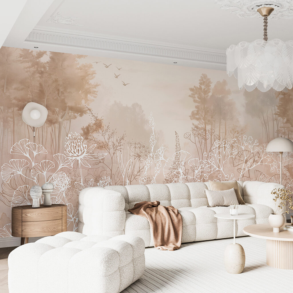 Witte bloemlijnen, bleke bosbomen — interieur 3