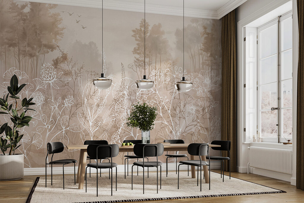 Witte bloemlijnen, bleke bosbomen — interieur 4