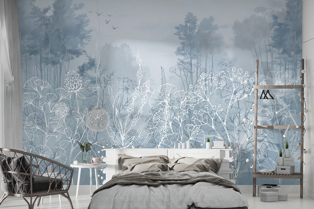 Tekening van planten en bomen in een interieur