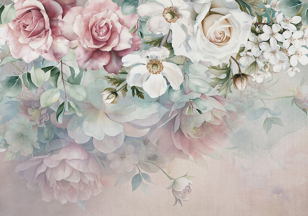 Bloemen hangen boven pasteltinten — volledig ontwerp