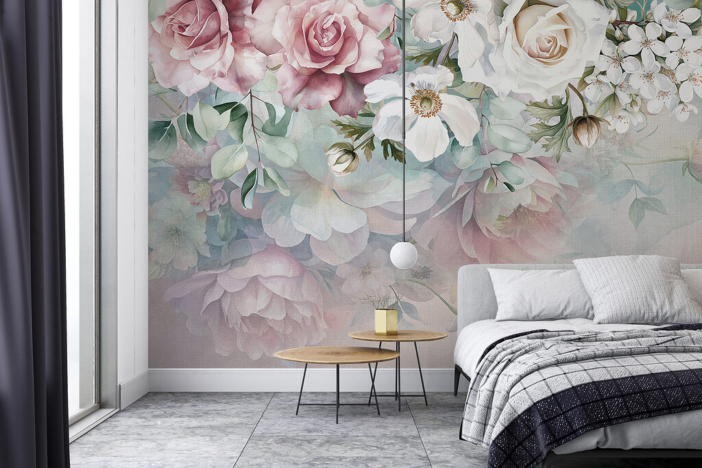 Bloemen hangen boven pasteltinten — interieur 1