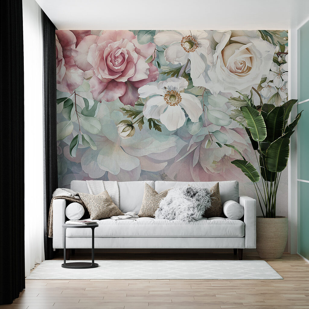 Bloemen hangen boven pasteltinten — interieur 4