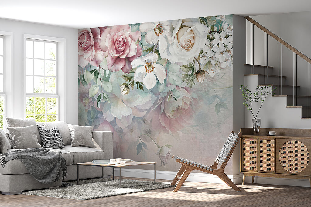 Bloemen hangen boven pasteltinten — interieur 6