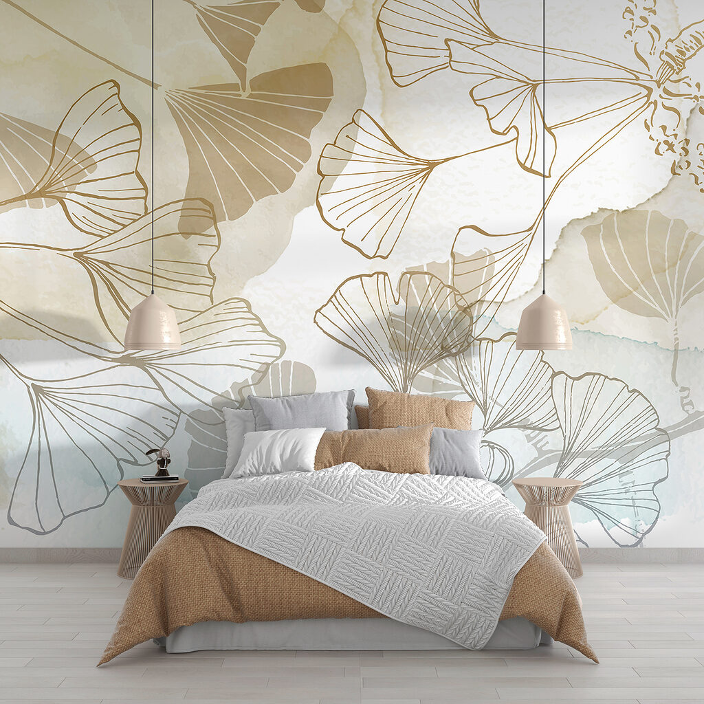 Gouden ginkgolijnen op blauw — interieur 1