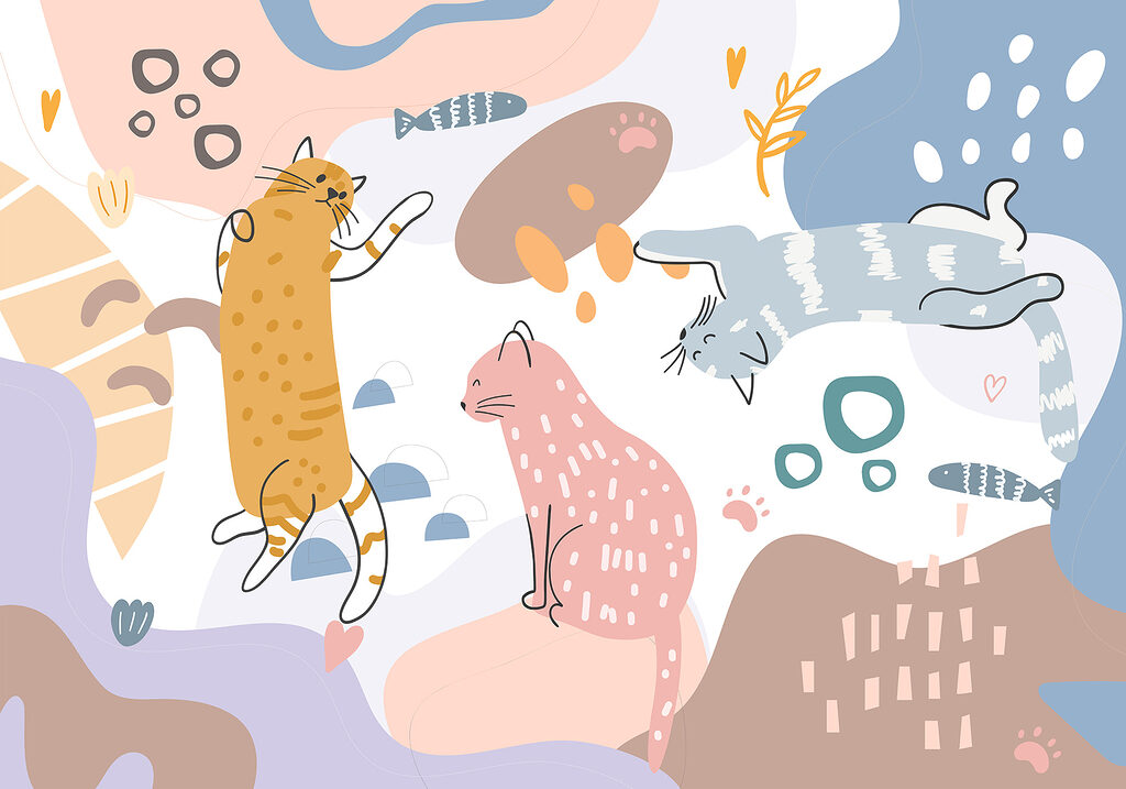 Speelse katten tussen kleurvlakken — volledig ontwerp