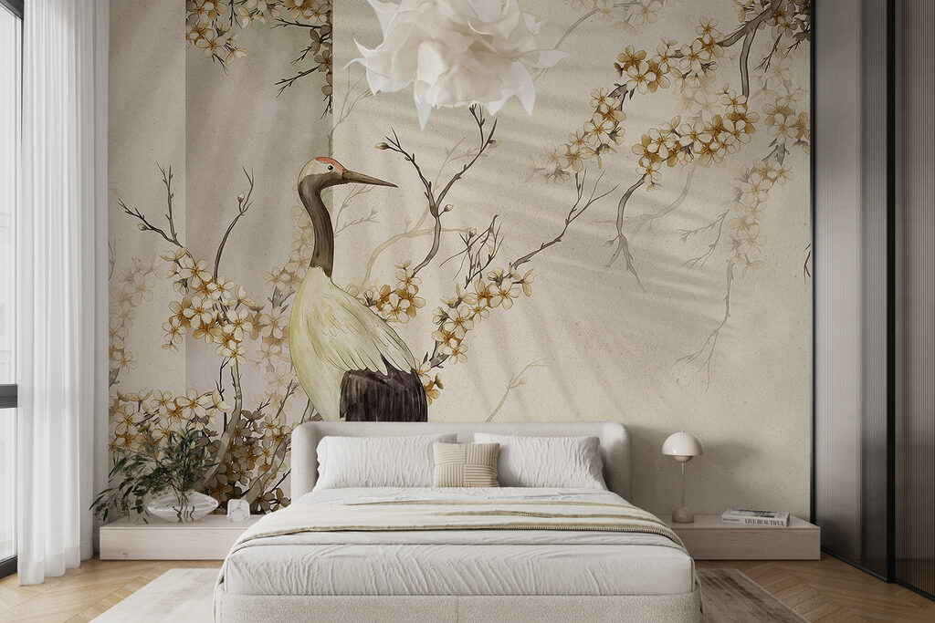 Kraanvogel in zacht bloesemlicht — interieur 1
