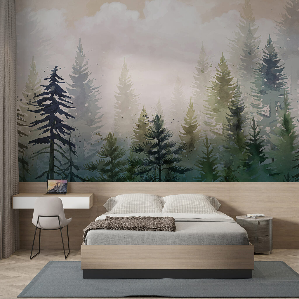 Dennen onder zachte ochtendwolken — interieur 1