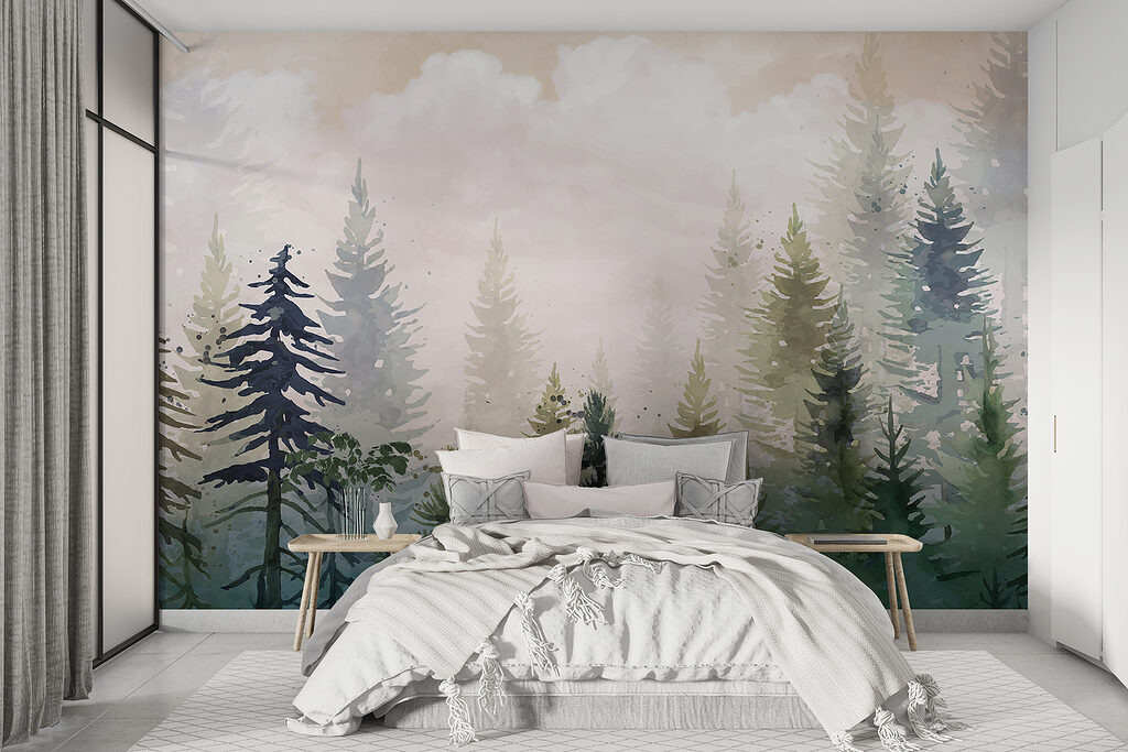 Dennen onder zachte ochtendwolken — interieur 2