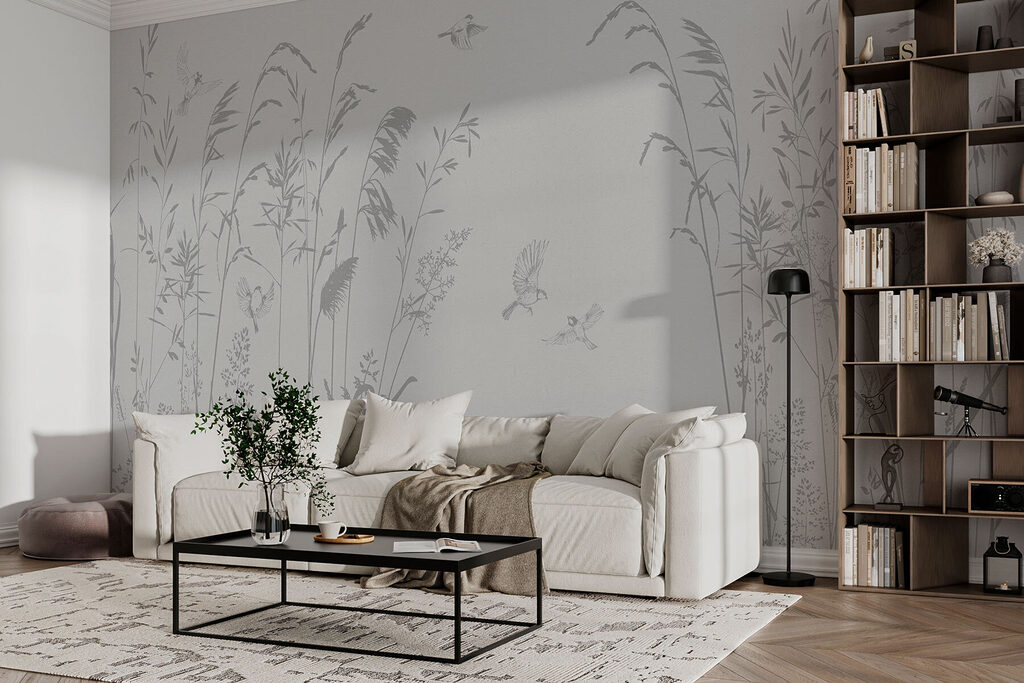 Vogels vliegen over hoog gras in een interieur