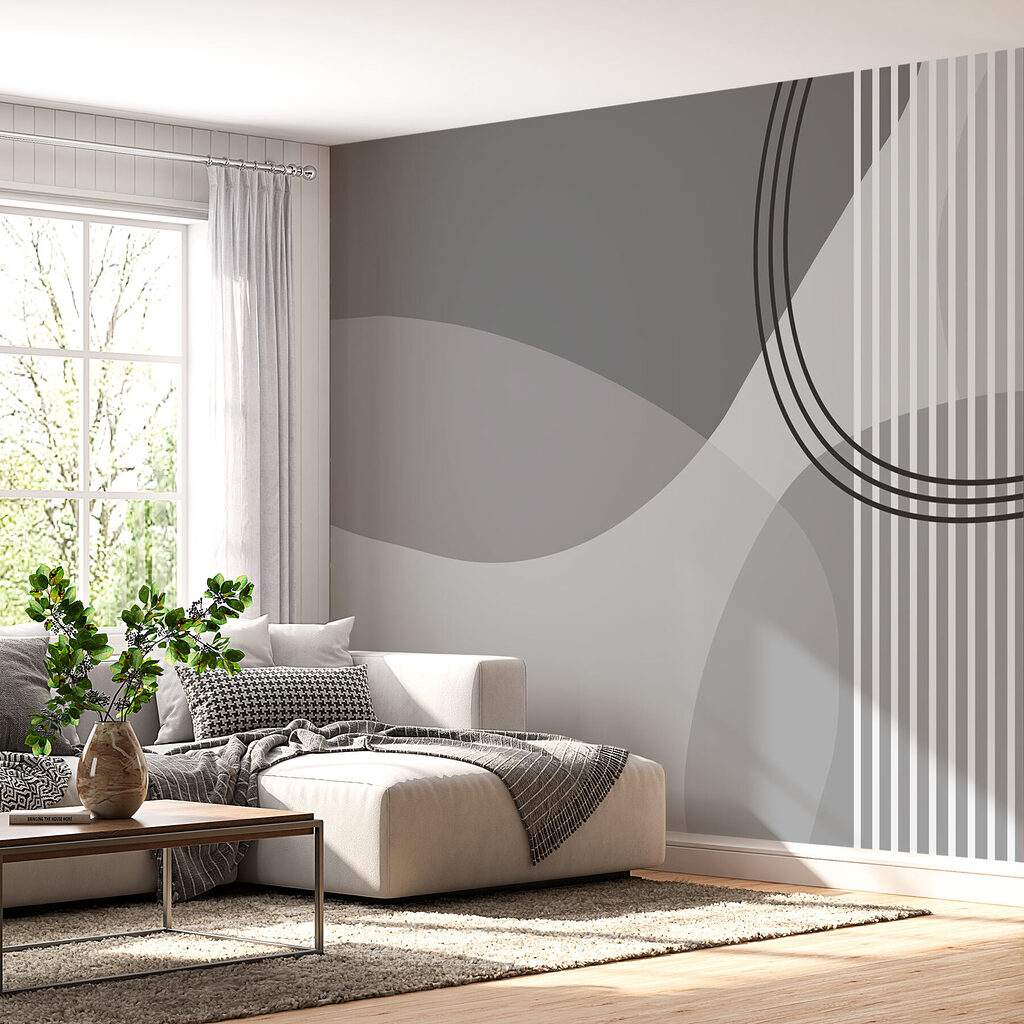 Grijze en witte achtergrond met cirkels en lijnen in een interieur