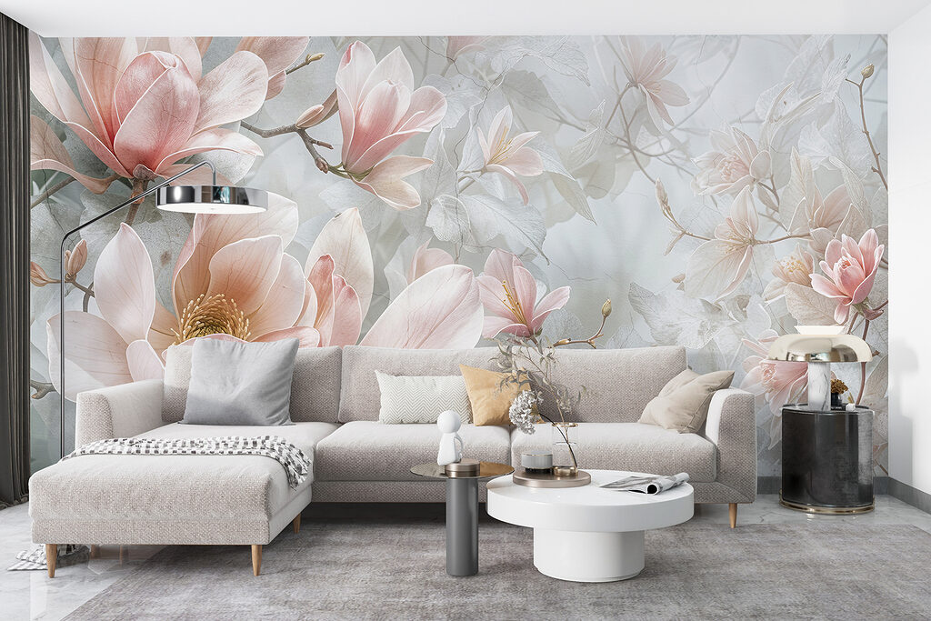 Roze bloesem in blauwgrijs — interieur 6