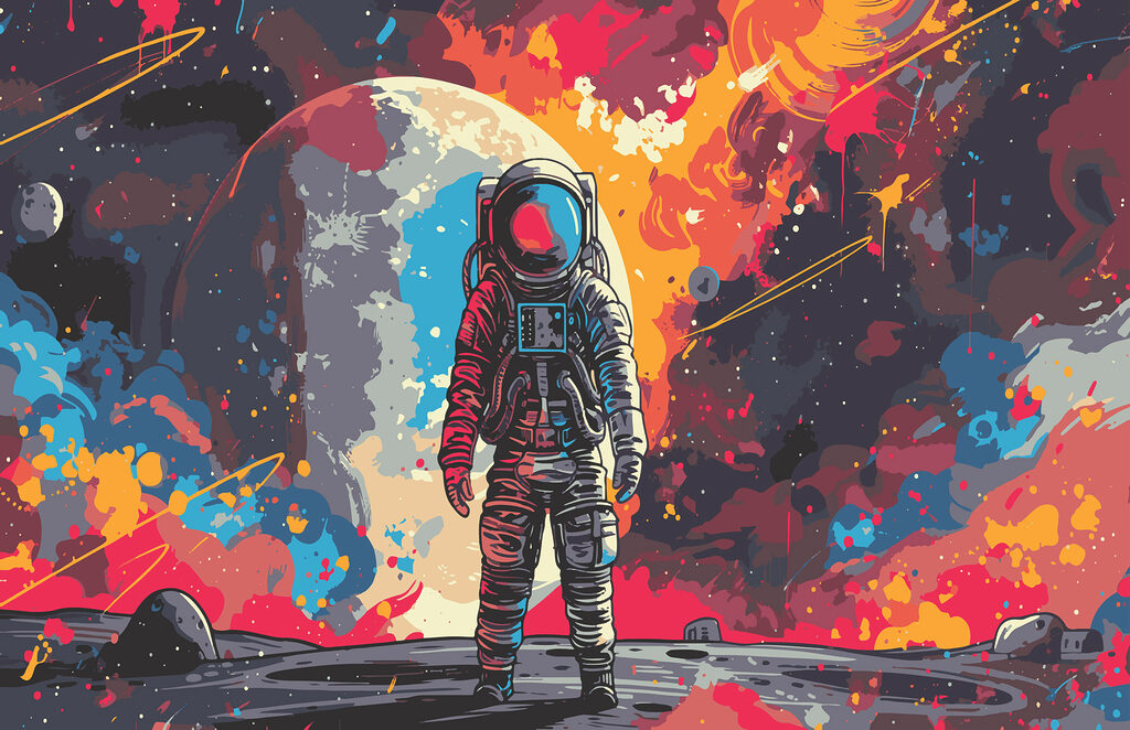 Astronaut tussen kleurrijke verfspatten — volledig ontwerp