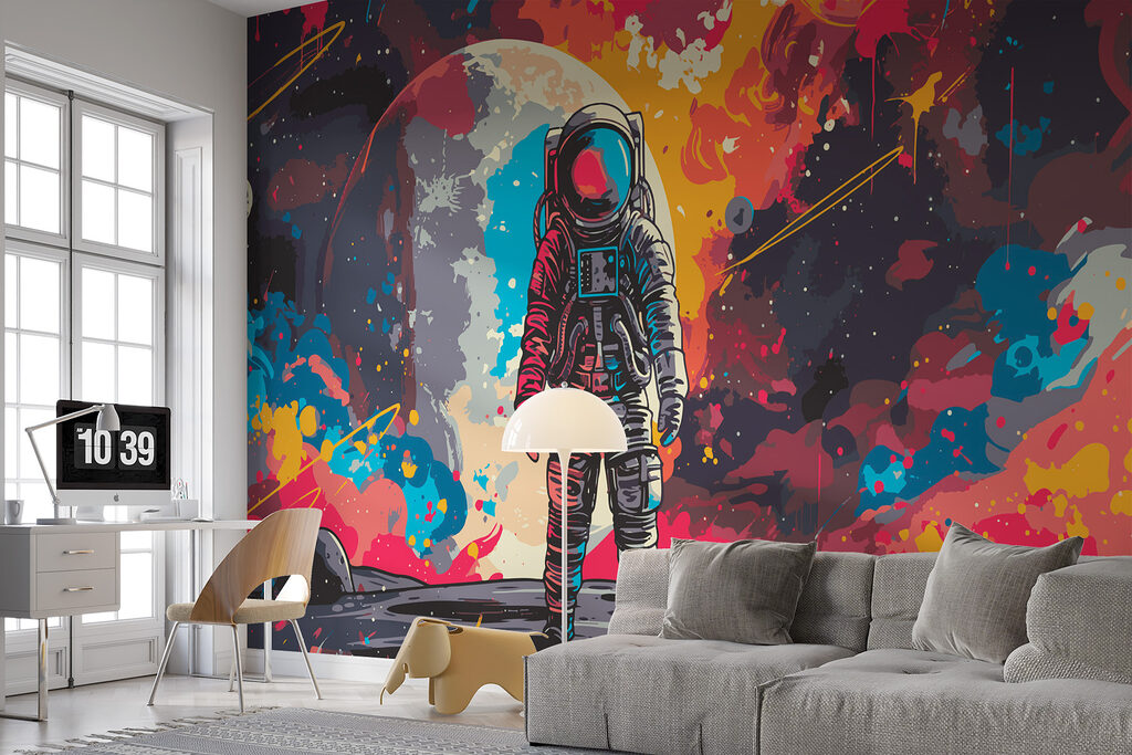 Astronaut tussen kleurrijke verfspatten — interieur 1