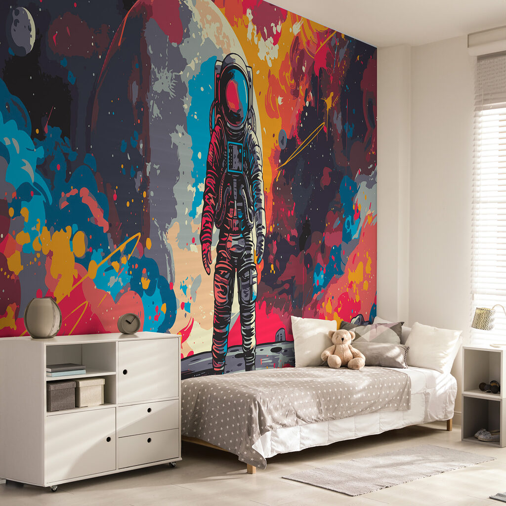 Astronaut tussen kleurrijke verfspatten — interieur 2