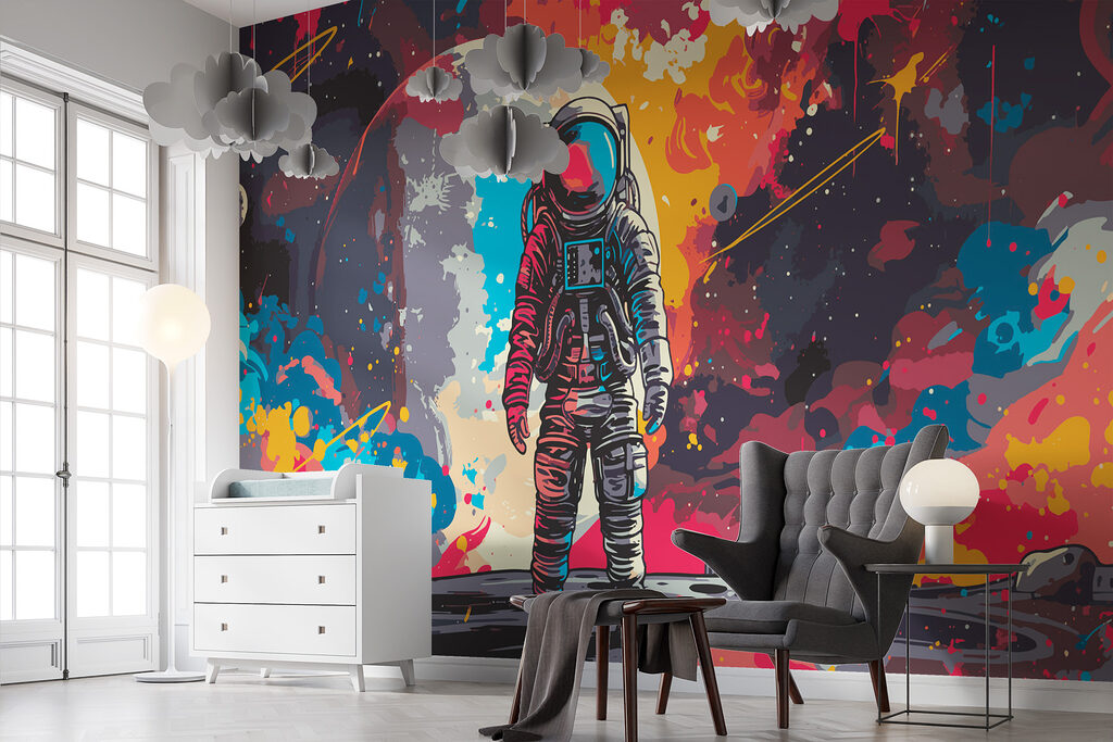 Astronaut tussen kleurrijke verfspatten — interieur 3