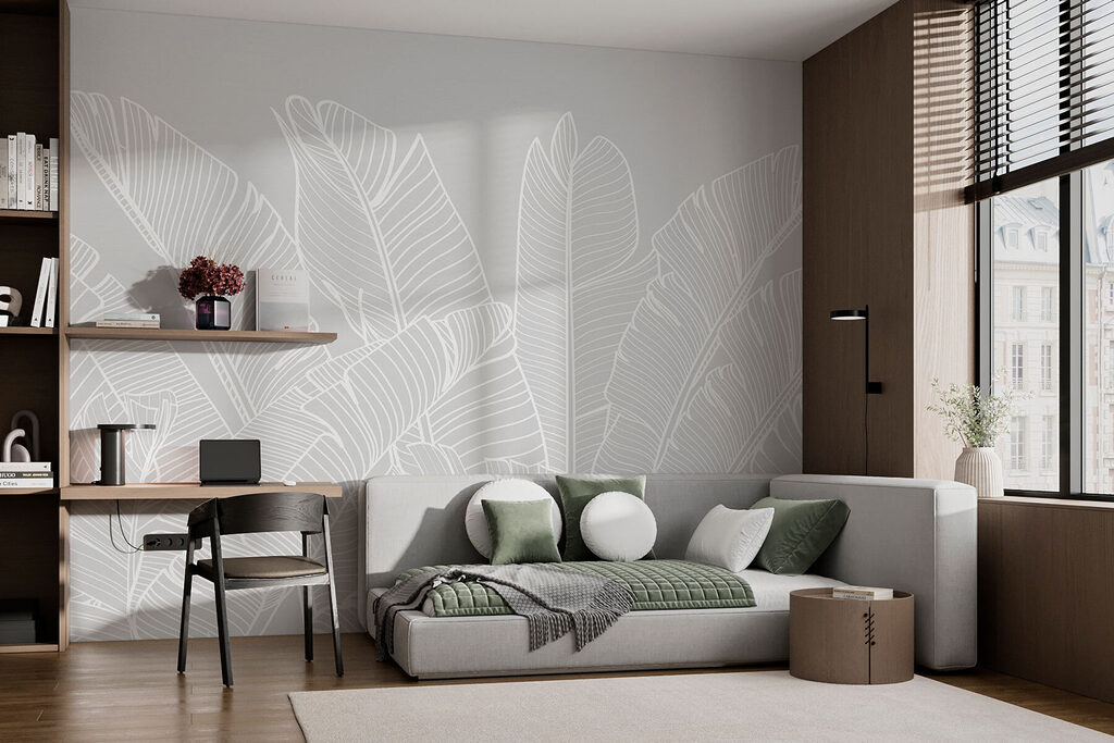 Witte lijntekening van bladeren — interieur 1