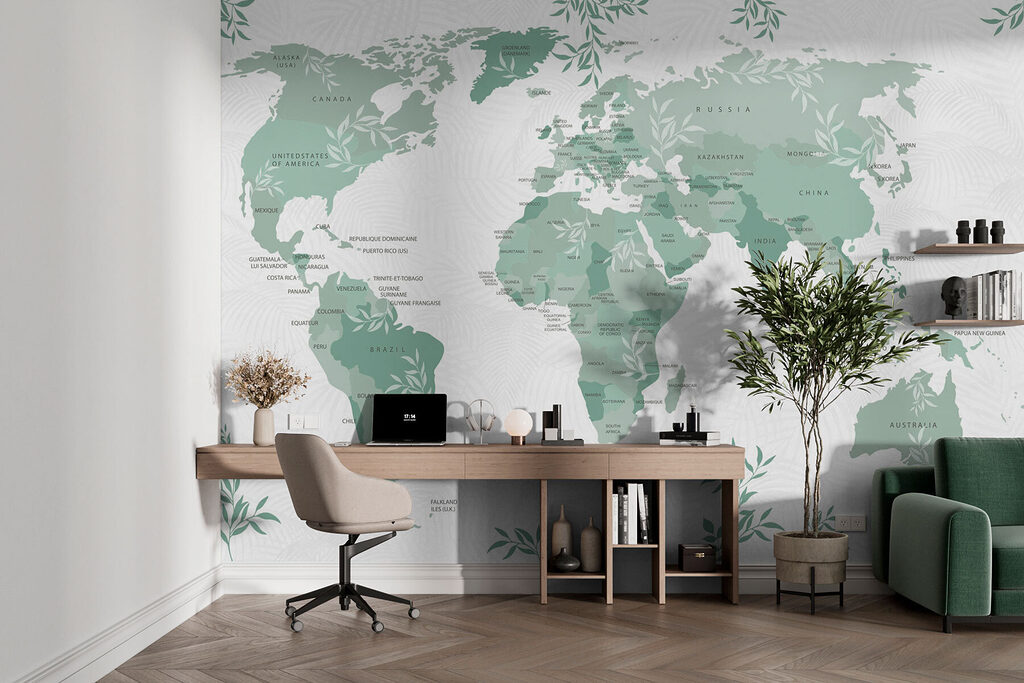 Kaart van de wereld met groene bladeren — interieur 1