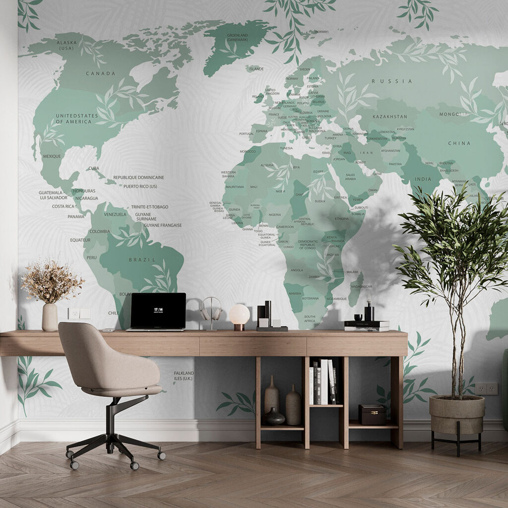 Kaart van de wereld met groene bladeren — interieur 2