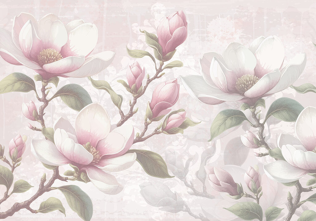 Roze magnolia op grijstinten — volledig ontwerp