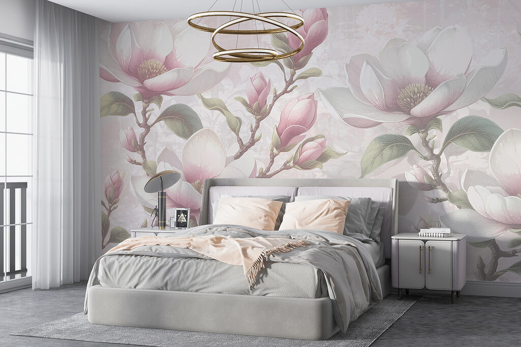 Roze magnolia op grijstinten — interieur 1