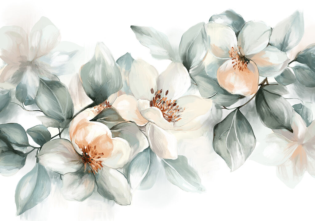 Witte bloemen met grijsgroen — volledig ontwerp