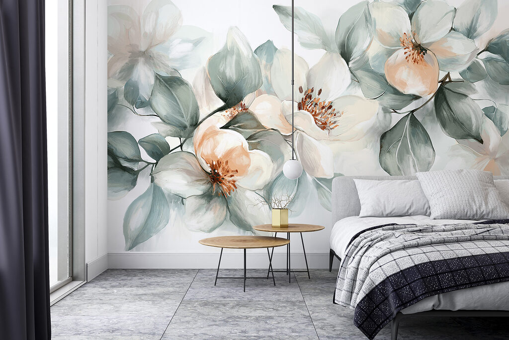 Witte bloemen met grijsgroen — interieur 1