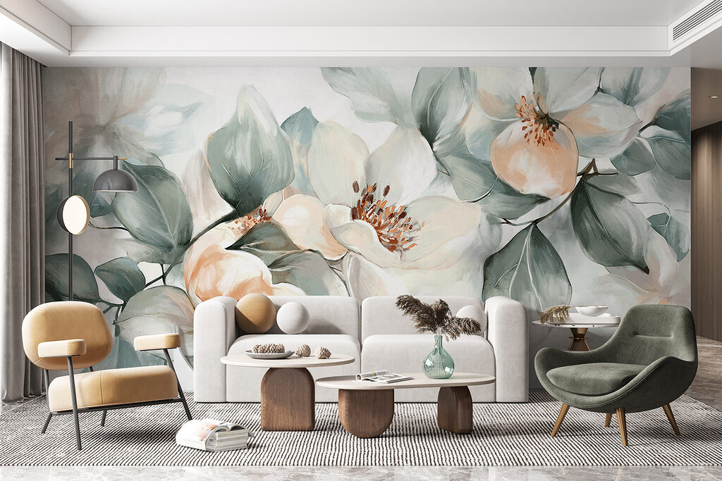 Witte bloemen met grijsgroen — interieur 2