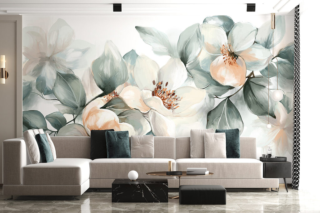 Witte bloemen met grijsgroen — interieur 3