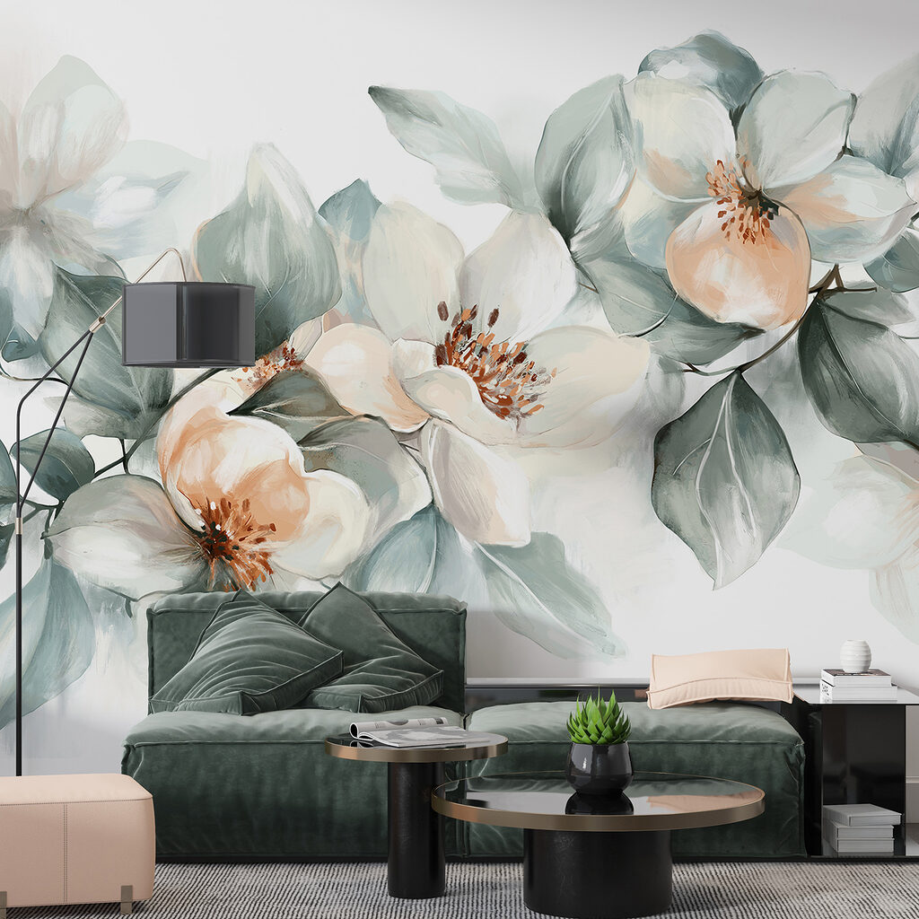 Witte bloemen met grijsgroen — interieur 4