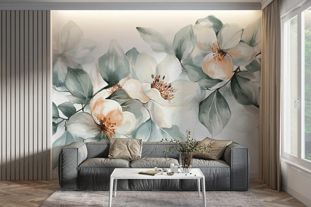 Witte bloemen met grijsgroen — interieur 5