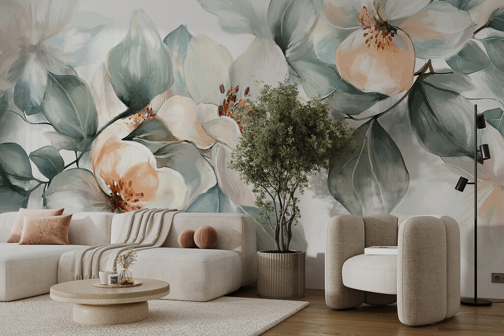Witte bloemen met grijsgroen — interieur 6