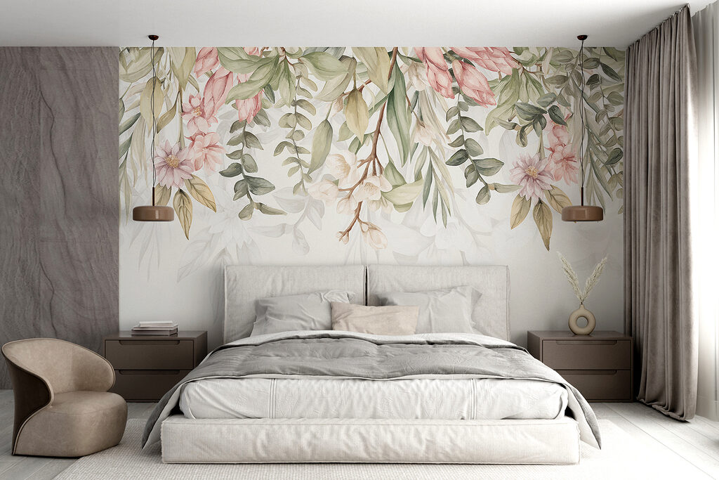 Elegant bloemmotief in zachte kleuren in een interieur