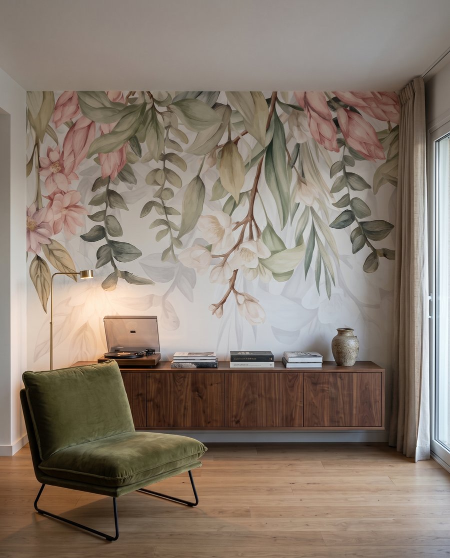 Bloemenranken boven witte stilte in een interieur
