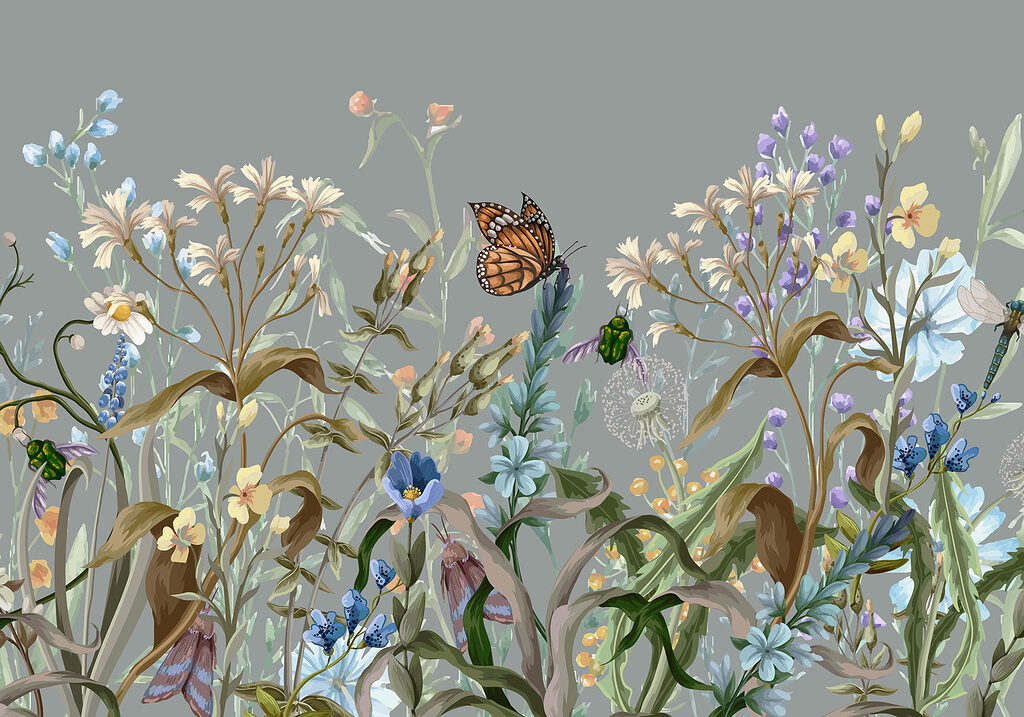 Vlinder tussen kleurige bloemstelen — volledig ontwerp