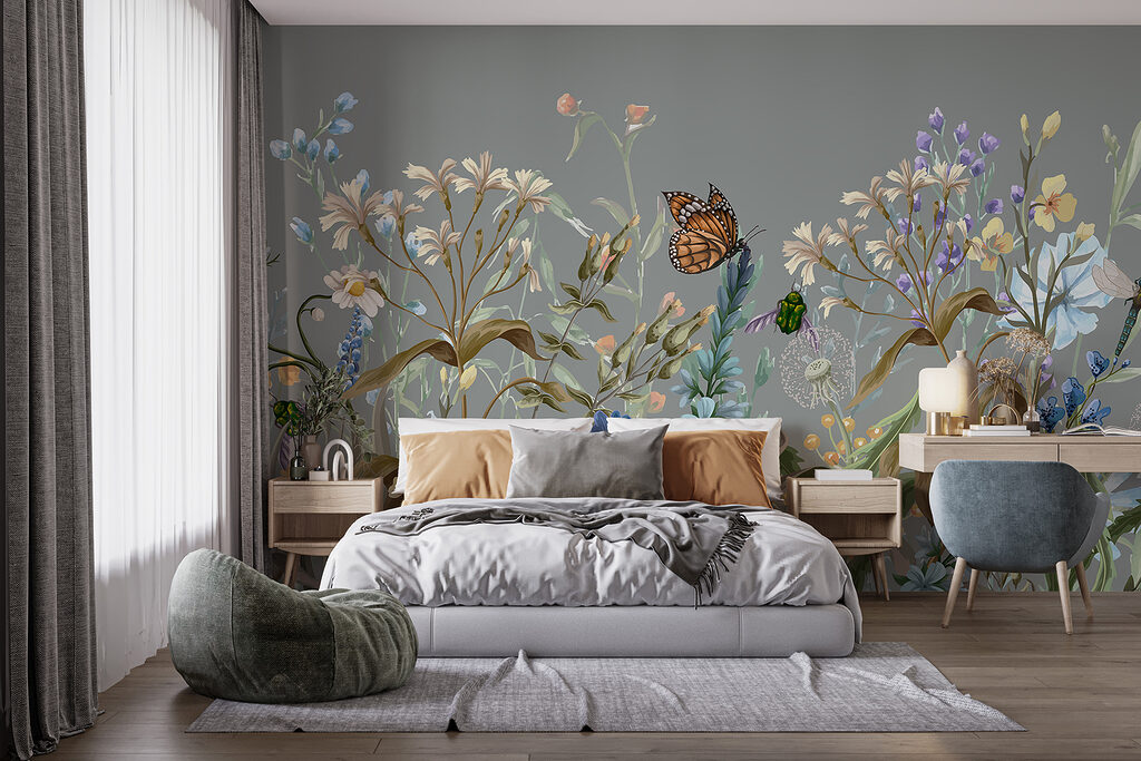 Vlinder tussen kleurige bloemstelen — interieur 1