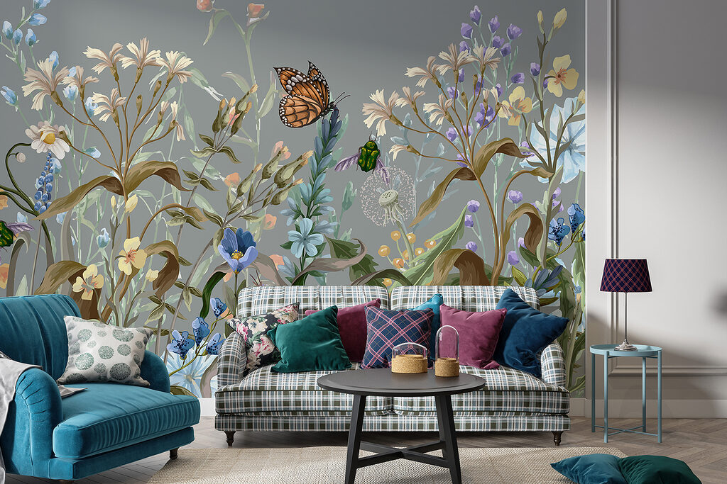 Vlinder tussen kleurige bloemstelen — interieur 2