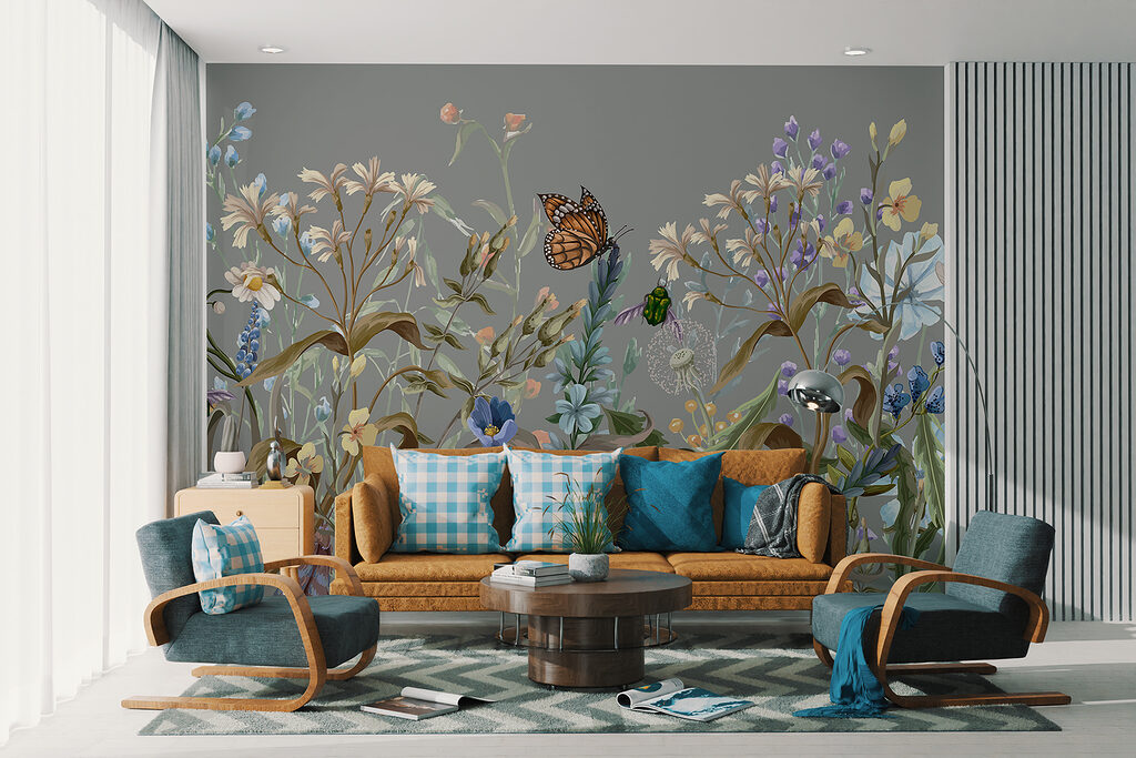 Vlinder tussen kleurige bloemstelen — interieur 3