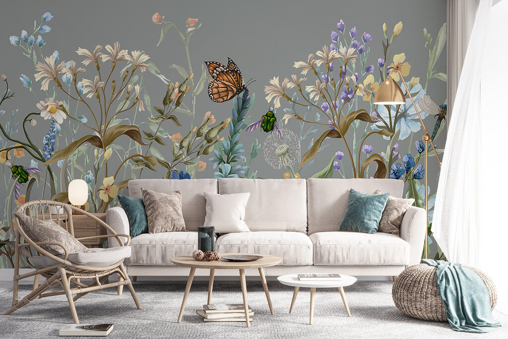 Vlinder tussen kleurige bloemstelen — interieur 4
