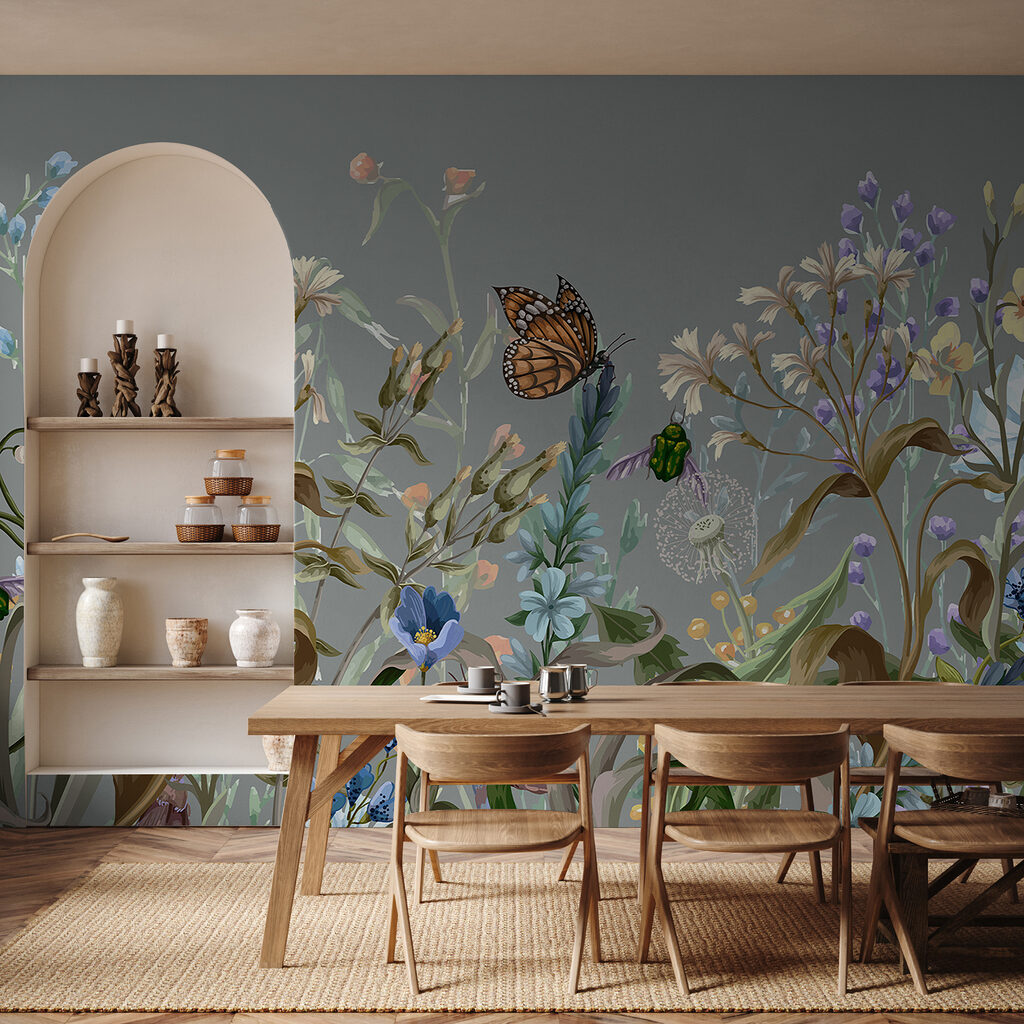 Vlinder tussen kleurige bloemstelen — interieur 5