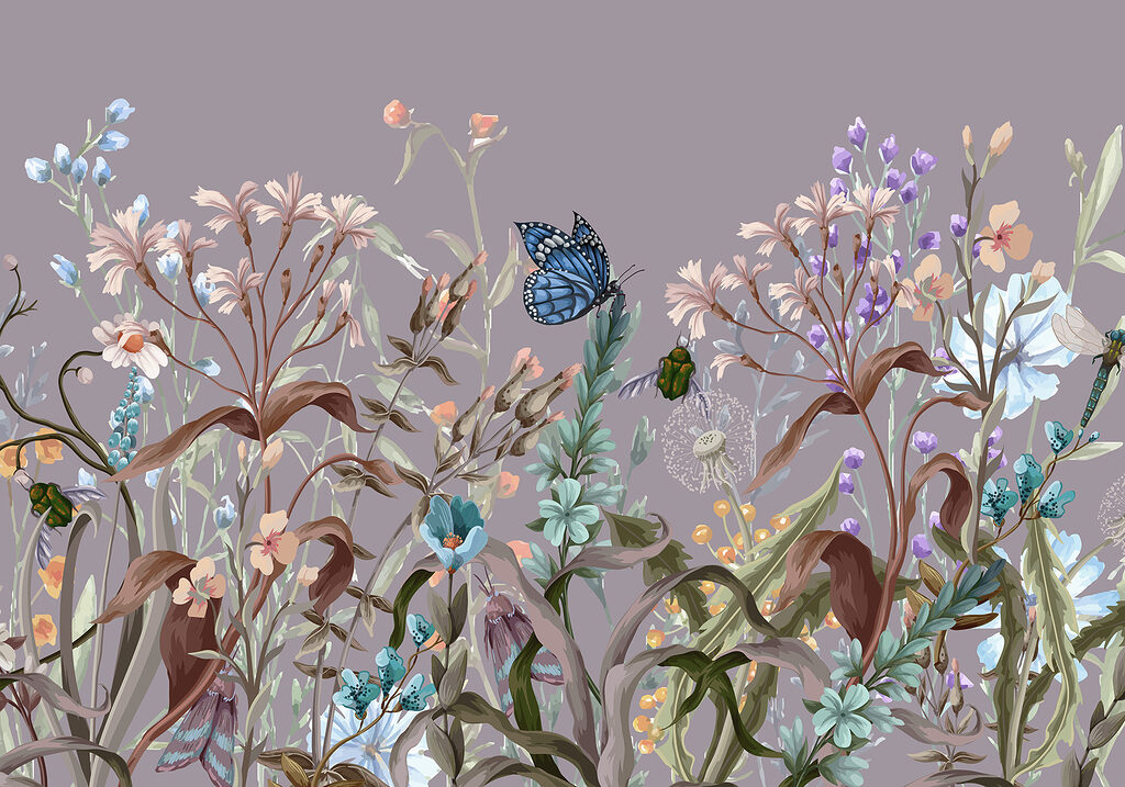 Vlinders tussen paarse bloemstelen — volledig ontwerp