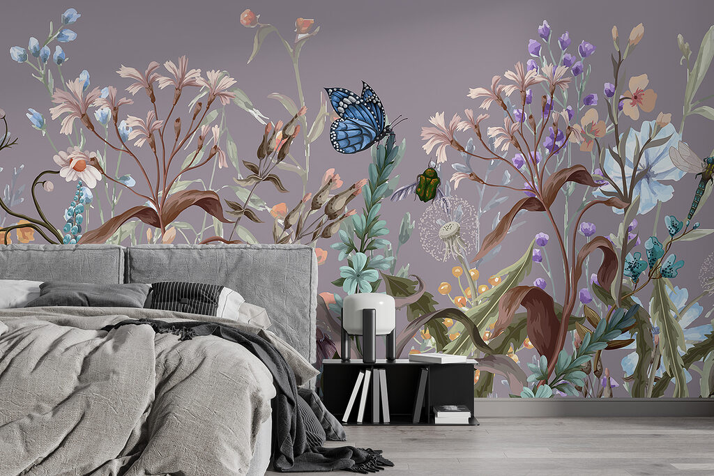 Vlinders tussen paarse bloemstelen — interieur 2