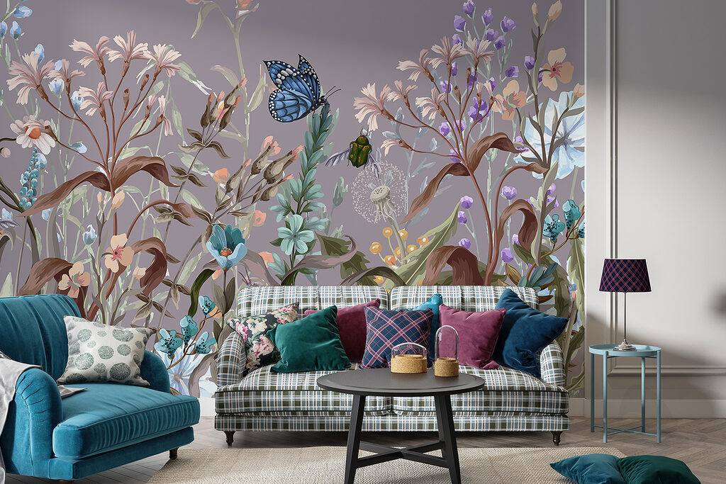 Vlinders tussen paarse bloemstelen — interieur 3