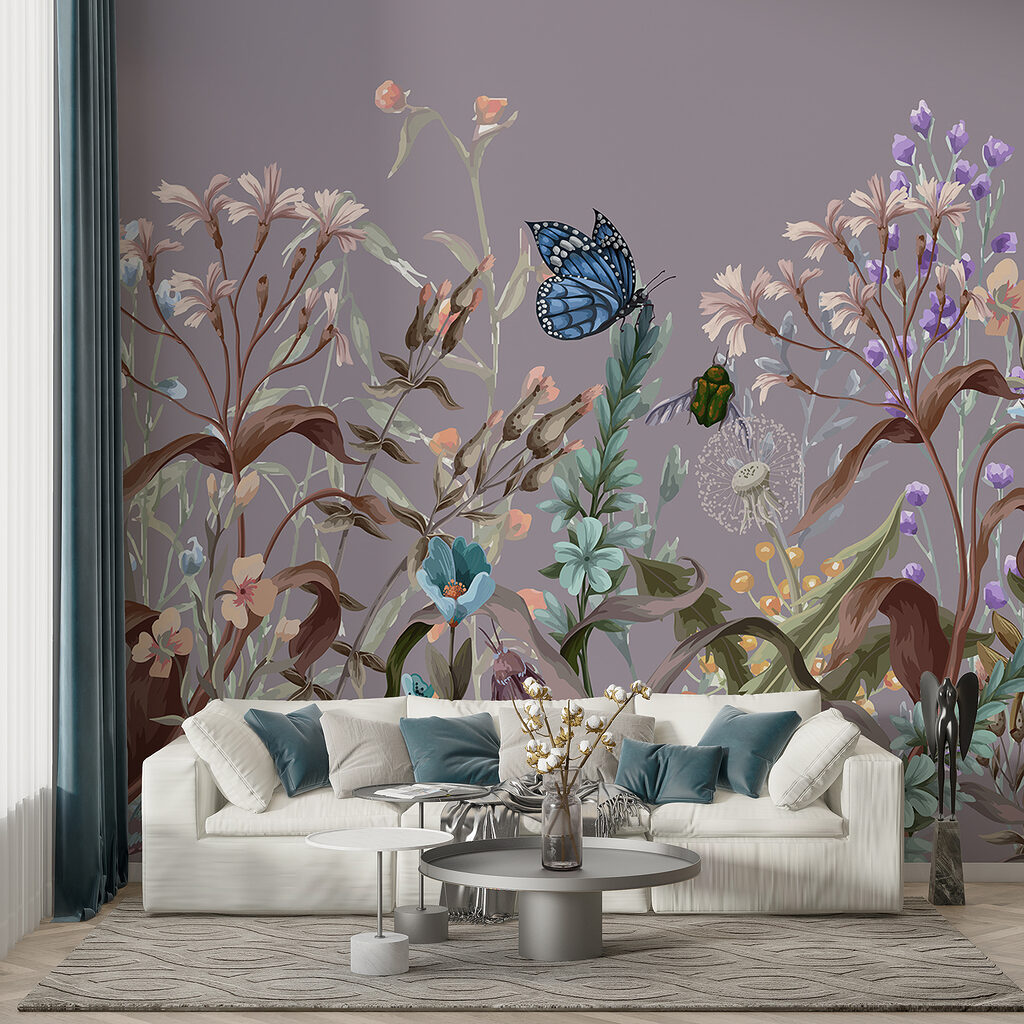 Vlinders tussen paarse bloemstelen — interieur 4