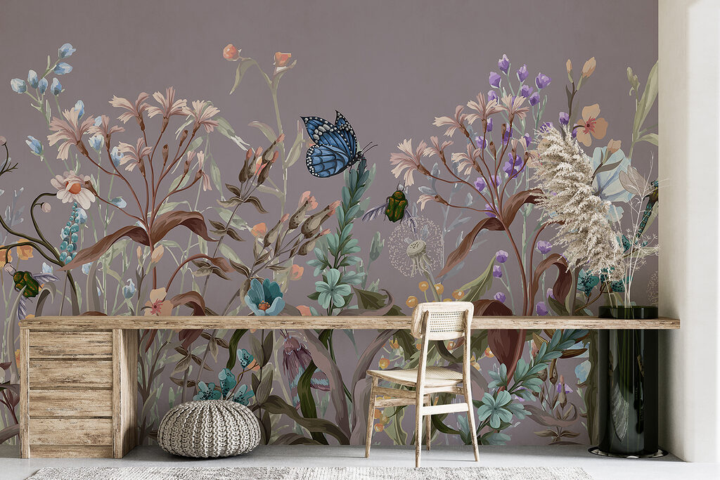 Vlinders tussen paarse bloemstelen — interieur 5