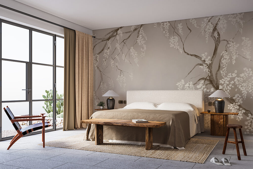 Hangende bloesem op taupe — interieur 1