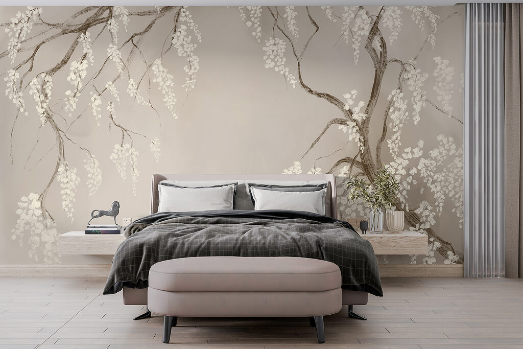 Hangende bloesem op taupe — interieur 2
