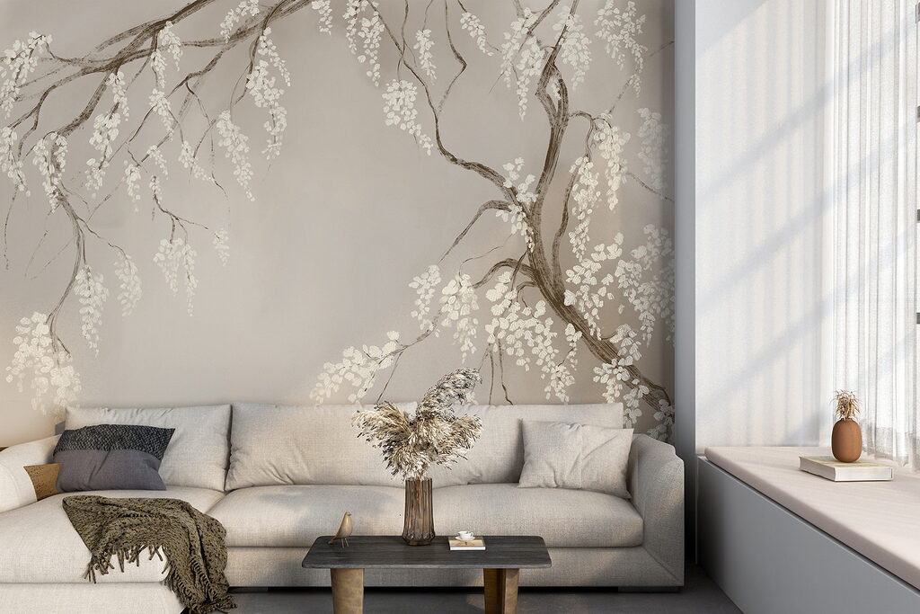 Hangende bloesem op taupe — interieur 3