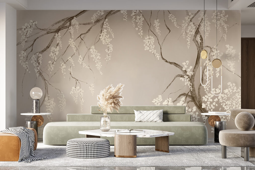 Hangende bloesem op taupe — interieur 4